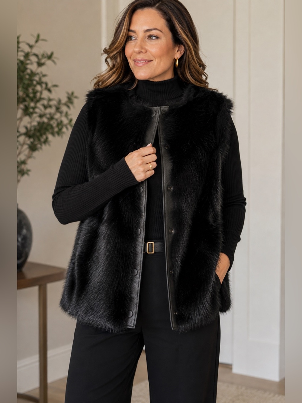 St. John Black Faux Fur Luxury Vest Leather Look Trim L